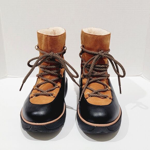 Fitflop Skandi Women Winter Boots Sz 9 Tan Brown Black Faux Fur Suede Ankle Snow - Picture 1 of 11